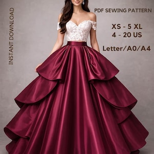May include: A formal gown with a white lace bodice and a layered, burgundy satin skirt. The image includes text that reads "PDF Sewing Pattern", "XS - 5 XL", "4 - 20 US", and "Letter/A0/A4". The words "Instant Download" are also visible.