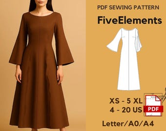 Elegant Long-sleeve Dress Sewing Pattern | Bell Sleeves Maxi Dress PDF |  Sizes XS-5XL US 2-30 | Flared Sleeve Dress | Half Circle Dress - Etsy