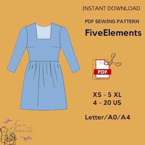 Gathered Dress Sewing Pattern | Puff Sleeve Pattern | Square Neckline | Dress Above Knee | Instant Download