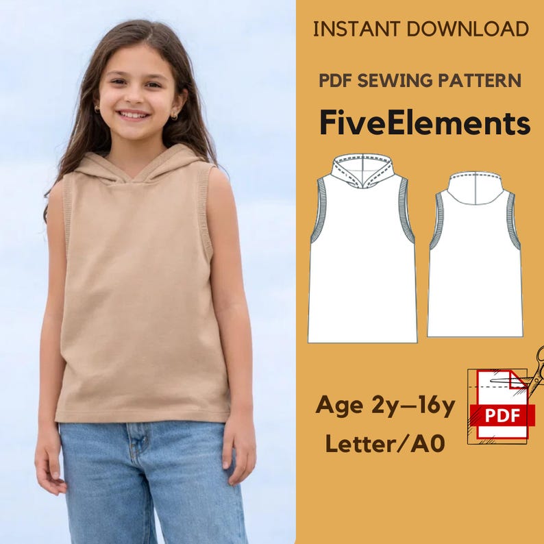 Op de afbeelding: Een meisje in een beige mouwloze hoodie en een blauwe jeans lacht. Rechts staat een PDF naaipatroon voor een mouwloze hoodie, met de tekst "FiveElements" en "Age 2y-16y".