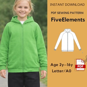 Puede incluir: Una persona joven con una sudadera con capucha verde brillante con cremallera. La imagen también incluye un patrón de costura PDF para una chaqueta, con el texto "FiveElements" y "Age 2y-16y".