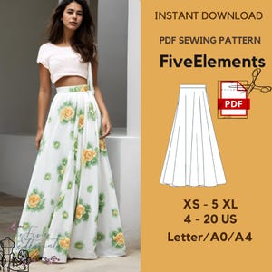May include: A white skirt with a floral pattern of yellow roses and green leaves. The image also includes a PDF sewing pattern with the text "FiveElements", "XS - 5 XL", and "4 - 20 US".