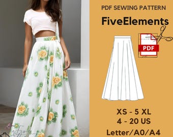 Maxi Skirt PDF Sewing Pattern: High Waist A-Line with Pleats (XS–5XL, A0/A4/Letter)
