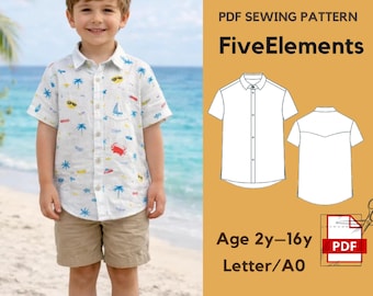 Boys Short Sleeve Shirt PDF Sewing Pattern | Kids Button Down Shirt | Summer Beach Shirt Pattern | Age 2–16 | Instant Download
