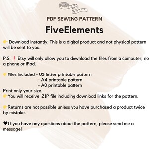 Op de afbeelding: Een digitaal naaipatroon voor Five Elements, een kledingontwerp. Het patroon is beschikbaar om te downloaden in de formaten US letter, A4 en A0. De tekst geeft aan dat het patroon een digitaal product is en geen fysiek patroon.