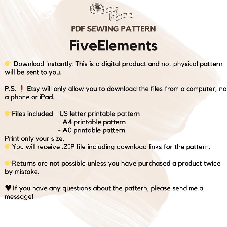 Op de afbeelding: Een digitaal naaipatroon voor Five Elements, een kledingontwerp. Het patroon is beschikbaar om te downloaden in de formaten US letter, A4 en A0. De tekst geeft aan dat het patroon een digitaal product is en geen fysiek patroon.