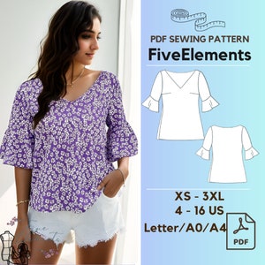 V Neck Blouse PDF Pattern, Flare Sleeve Shirt Sewing Pattern, Women Blouse Beginner Sewing Pattern
