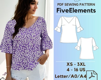 V Neck Blouse PDF Pattern, Flare Sleeve Shirt Sewing Pattern, Women Blouse Beginner Sewing Pattern