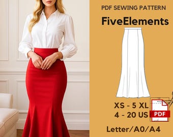 Mermaid Skirt PDF Sewing Pattern | High Waist Trumpet Skirt Pattern | Trumpet Skirt | Casual Office Skirt PDF
