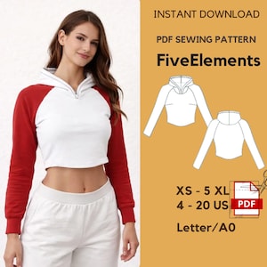 May include: A white and red cropped hoodie with a zipper, worn with white sweatpants. The image includes a PDF sewing pattern with the text "FiveElements" and size information.