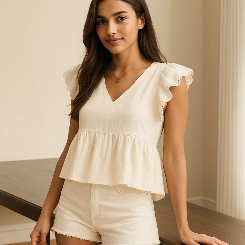 May include: Cream-colored V-neck top with ruffled sleeves and matching shorts. The top has a peplum waist and the shorts have a raw hem. The outfit is made of a lightweight fabric, perfect for warm weather.