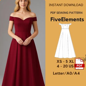 Könnte beinhalten: Burgunderfarbenes schulterfreies Kleid mit fließendem Rock. Das Bild enthält ein PDF-Schnittmuster mit dem Text "FiveElements" und Größen von XS bis 5XL sowie US-Größen 4-20. Das Muster ist als Sofort-Download verfügbar.