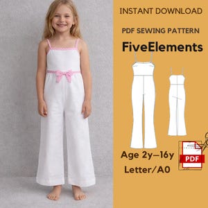 May include: A young girl wearing a white jumpsuit with pink polka dot trim and a bow at the waist. The image also shows a PDF sewing pattern with the text "FiveElements" and "Age 2y-16y".