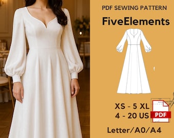 Long Sleeve Wedding Dress Sewing Pattern | Maxi Dress | Prom Dress Pattern | Elegant Sweetheart Dress | XS–5XL • A4/Letter/A0