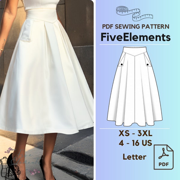 Women Linen Skirt PDF Sewing Pattern High Waist Skirt Pattern Pockets Long Skirt PDF