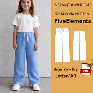 May include: A young person wearing a white t-shirt and light blue sweatpants. The image also shows a PDF sewing pattern for wide-leg pants, with the text "FiveElements" and "Age 2y-16y".