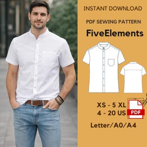 Könnte beinhalten: Ein weißes Kurzarmhemd mit Stehkragen und Brusttasche. Das Bild enthält auch ein PDF-Schnittmuster mit dem Text "FiveElements" und Größenoptionen von XS bis 5XL sowie Größen 4-20 US.