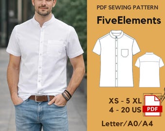Men’s Short Sleeve Mandarin Collar Shirt Sewing Pattern PDF | Band Collar Shirt Pattern | Modern Men Shirt | XS–5XL | A4 A0 US Letter