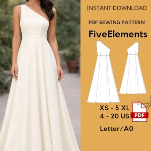 May include: A cream-colored, one-shoulder wedding dress. The dress has a fitted bodice and a flowing skirt. The image also includes a PDF sewing pattern with the text "FiveElements", sizes XS-5XL, and sizes 4-20 US.