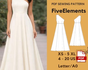 One Shoulder Maxi Dress Sewing Pattern PDF | Elegant Asymmetrical Evening Gown | Formal Dress Pattern | XS–5XL | Instant Download