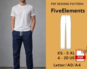 Patron de couture PDF pour pantalons de jogging pour hommes | Pantalon à taille élastique pour homme | Patron de pantalons de survêtement décontractés | Patron de pantalon homme | TP-5TG | A4 Lettre A0