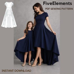 May include: A navy blue dress with short sleeves, a round neckline, and a high-low hemline. The text FiveElements PDF SEWING PATTERN and INSTANT DOWNLOAD are visible. A white line drawing of the dress pattern is shown in the top left corner.