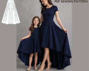 Mother and Daughter High-Low Dress PDF Sewing Pattern Bundle, Matching Formal Dresses, Women and Girls Digital Pattern