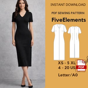 May include: A woman wearing a black V-neck dress with short sleeves. The dress is knee-length and form-fitting. The image also includes a PDF sewing pattern with the text "FiveElements" and size information.