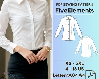 Women Casual Long Sleeve Blouse PDF Sewing Pattern Simple Office Shirt PDF Pattern