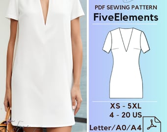 Women Summer Dress PDF Sewing Pattern V Neck Casual Dress PDF Pattern Short Sleeve Dress Pattern