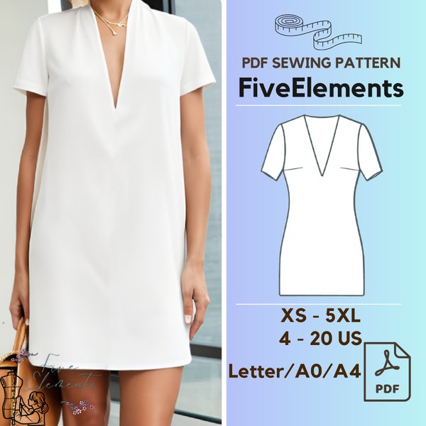 Women Summer Dress PDF Sewing Pattern V Neck Casual Dress PDF Pattern Short Sleeve Dress Pattern