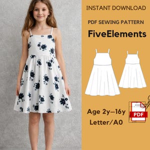 May include: A white sundress with a floral pattern of dark blue flowers. The dress has thin straps and a flared skirt. The image also includes a PDF sewing pattern with the text "FiveElements" and "Age 2y-16y".