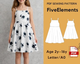 Girls Sundress Sewing Pattern PDF | A-Line Summer Dress with Straps | Kids Flower Girl Dress Pattern 2–16 Years | Letter A0