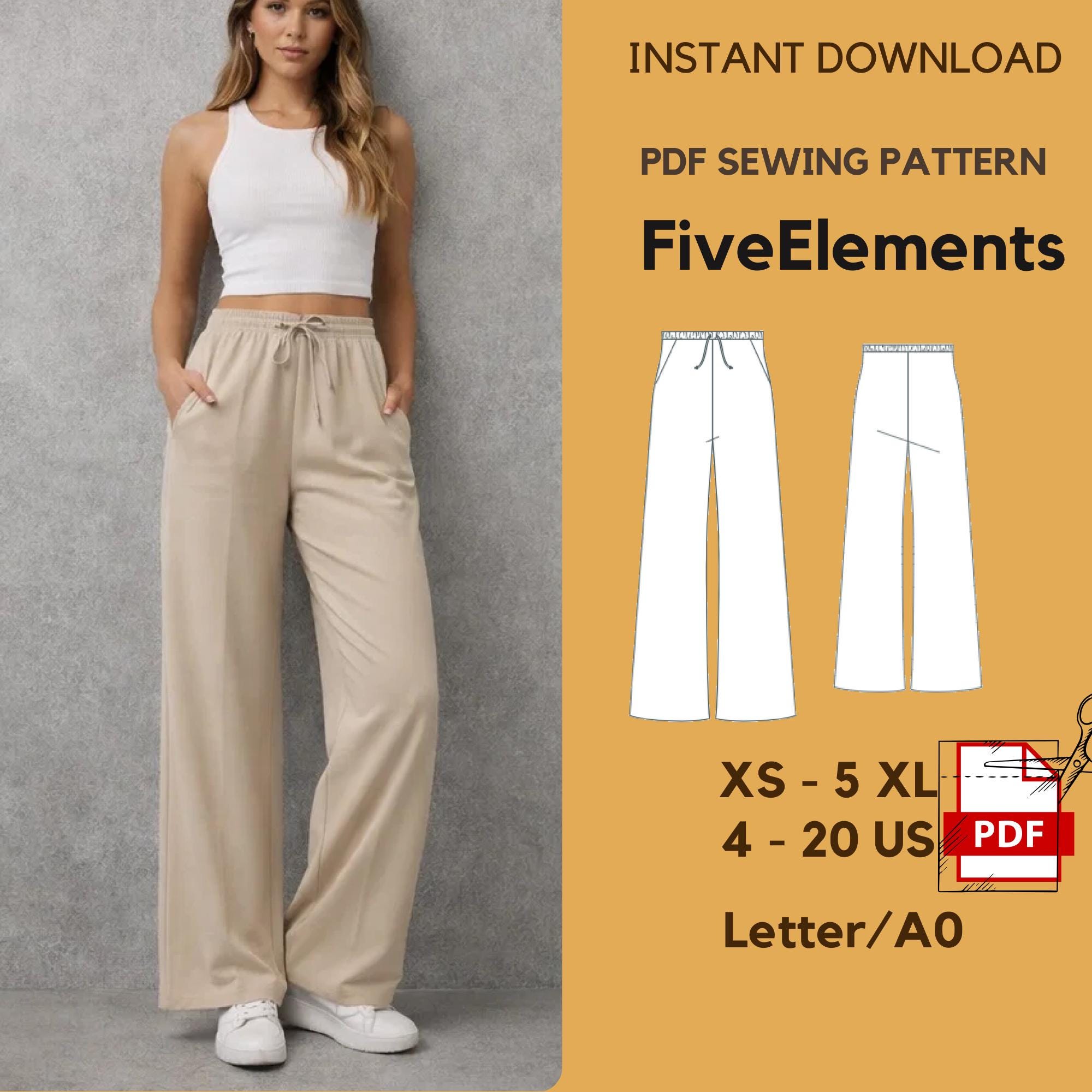 Women Wide Leg Pants Sewing Pattern PDF | Elastic Waist Trousers ...