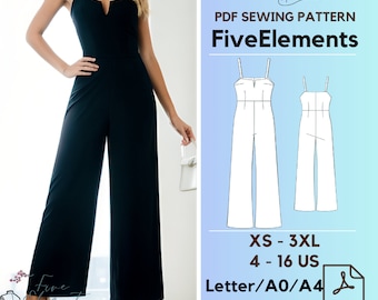 Woman Off Shoulder Jumpsuit PDF Pattern Wide Leg Pants Suit Sewing Pattern