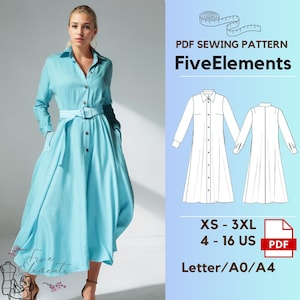 Könnte beinhalten: Ein hellblaues Hemdkleid mit passendem Gürtel. Das Kleid hat lange Ärmel und Taschen. Das Bild enthält auch ein PDF-Schnittmuster mit dem Text "FiveElements", Größen XS-3XL und Größen 4-16 US.