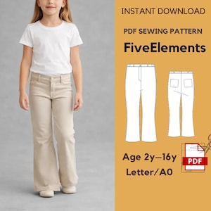 May include: A young person wearing a white t-shirt and khaki-colored flared pants. The image includes a PDF sewing pattern with the text "FiveElements" and "Age 2y-16y". The pattern is an instant download.