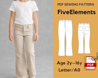 Girls Flare Pants Sewing Pattern PDF - Kids Bootcut Trousers 2-16Y - Classic Waistband Pants - Instant Download - Letter & A0