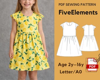 Girls Flutter Sleeve Dress Sewing Pattern PDF 2Y–16Y, Kids Summer Dress Pattern, Toddler Dress PDF, Easy Children Dress, Instant Download