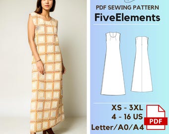 Modello di cucito digitale per abito lungo da donna, modello di cucito PDF per abito da sposa casual senza maniche