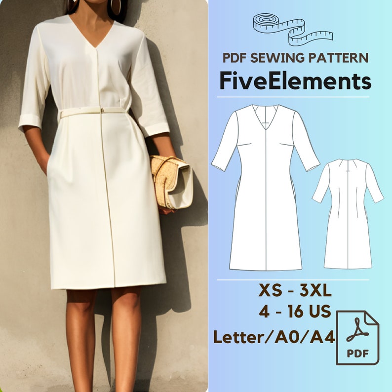 K&ouml;nnte beinhalten: Ein PDF-Schnittmuster f&uuml;r ein wei&szlig;es Kleid mit V-Ausschnitt und 3/4-&Auml;rmeln. Das Schnittmuster ist in den Gr&ouml;&szlig;en XS-3XL (deutsche Gr&ouml;&szlig;en 34-48) erh&auml;ltlich und kann auf Papier im Format Letter, A0 oder A4 gedruckt werden. Das Schnittmuster hei&szlig;t "Five Elements".