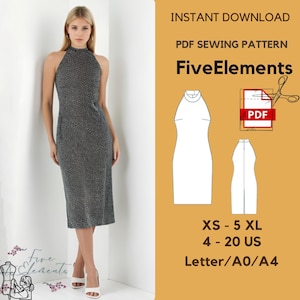 Halter Neck Midi Dress Sewing Pattern: Fitted Sleeveless Design (A0/A4/Letter)