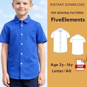 May include: A young person wearing a short-sleeved, bright blue button-down shirt. The image includes a PDF sewing pattern with the text "FiveElements" and "Age 2y-16y". The pattern shows a shirt design.