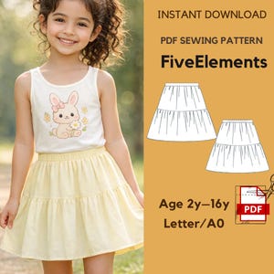 Könnte beinhalten: Ein junges Mädchen trägt ein weißes Tanktop mit einem Hasenmuster und einen gelben Stufenrock. Das Bild enthält Text: "INSTANT DOWNLOAD", "PDF SEWING PATTERN" und "FiveElements". Das Schnittmuster ist für die Altersgruppen 2y-16y.
