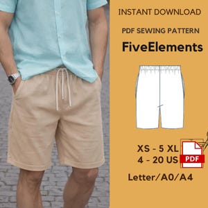 May include: Tan shorts with a drawstring waist. The image also includes a PDF sewing pattern for shorts, with the text "FiveElements", and size options from XS to 5XL, and US sizes 4-20.