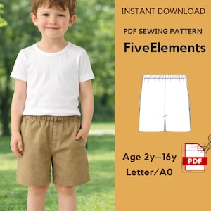 May include: A child in a white t-shirt and khaki shorts. The image includes a PDF sewing pattern for shorts, with the text "FiveElements" and "Age 2y-16y". The pattern is available as an instant download.