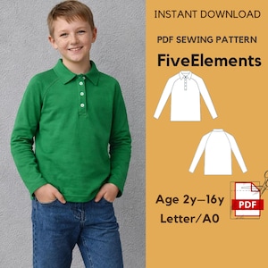 Può includere: Una persona indossa una polo verde a maniche lunghe e jeans blu. L'immagine include un modello di cucito PDF con il testo "FiveElements" e "Age 2y-16y". Il modello è disponibile per il download immediato.