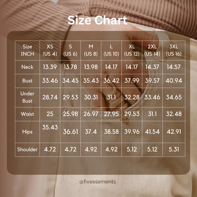 K&ouml;nnte beinhalten: Gr&ouml;&szlig;entabelle f&uuml;r Kleidung mit Ma&szlig;en in Zoll f&uuml;r Hals, Brust, Unterbrust, Taille, H&uuml;fte und Schulter. Die Gr&ouml;&szlig;en reichen von XS bis 3XL.