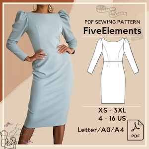 Women Long Dress Sewing Pattern Long Sleeve Wedding Guest PDF Pattern Slim Fit Dress Pattern