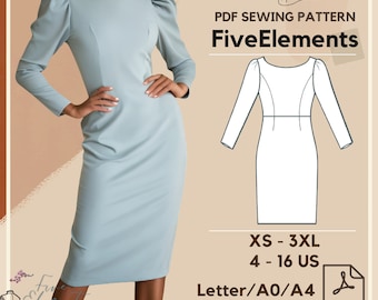 Women Long Dress Sewing Pattern Long Sleeve Wedding Guest PDF Pattern Slim Fit Dress Pattern